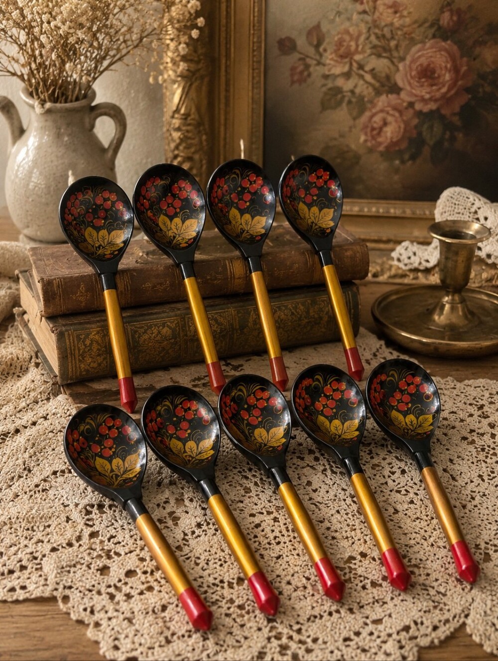 Vintage Russian Khokhloma Hand-Painted Wooden Spoons (Set of 9)